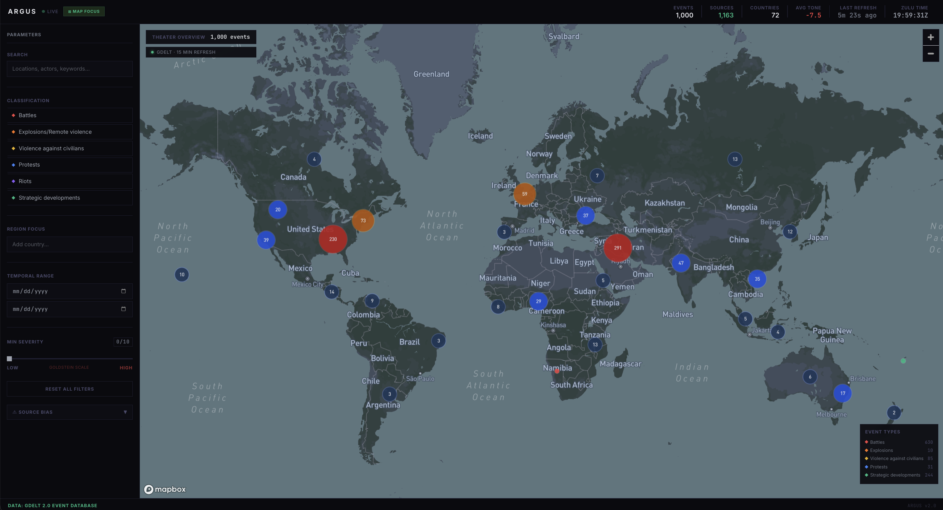 Argus — live global conflict event map with severity clustering and real-time data