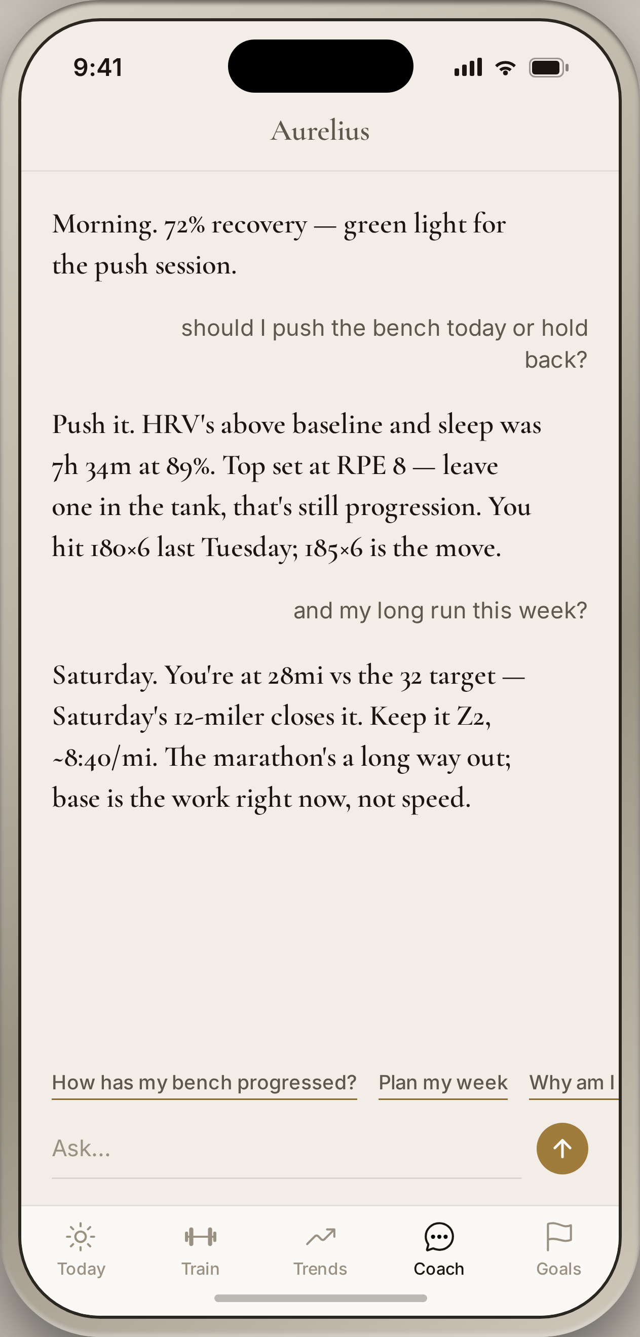 Aurelius Coach chat: the AI reasoning over recovery, recent lifts, and marathon training to answer questions