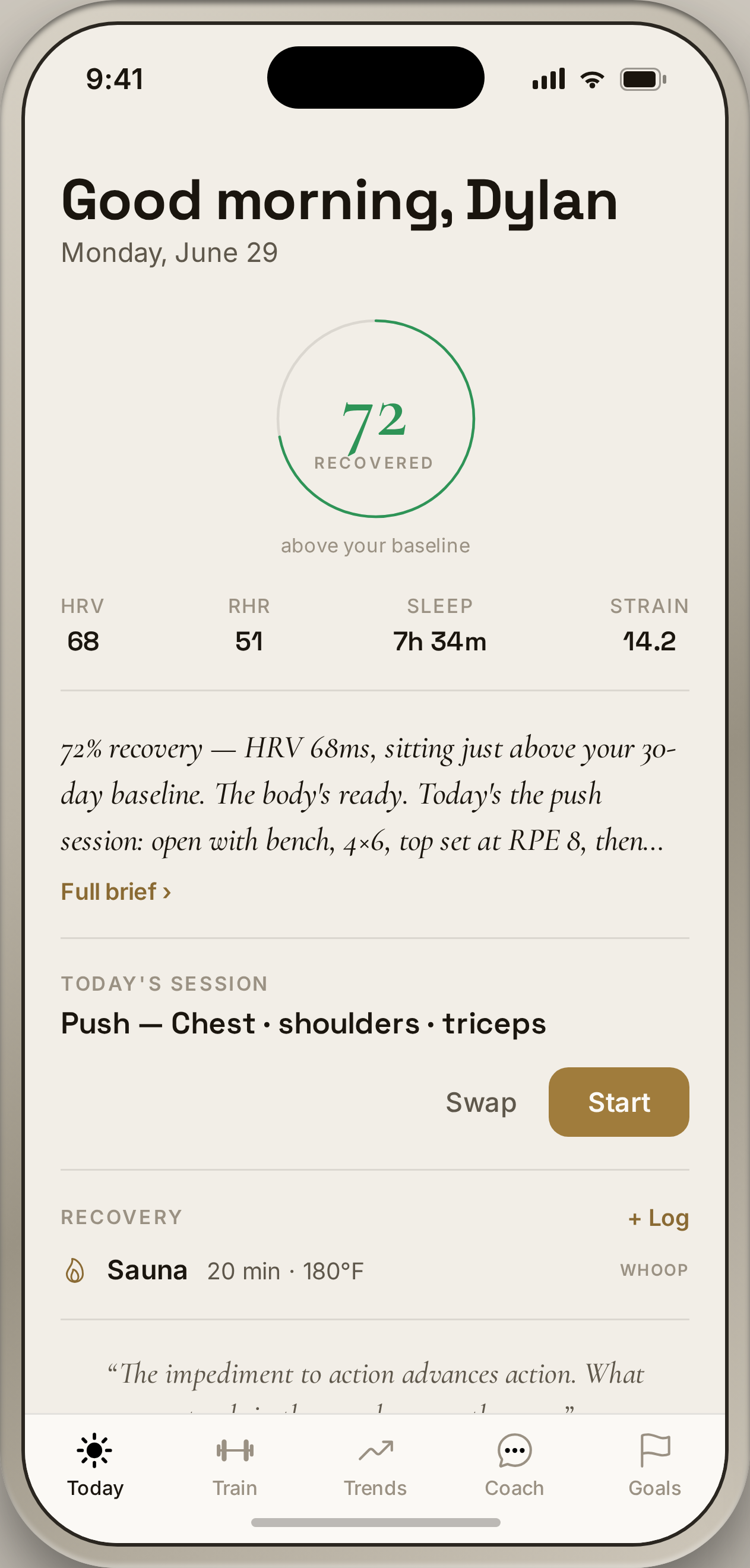 Aurelius Today screen: morning recovery score, WHOOP metrics, and the prescribed training session