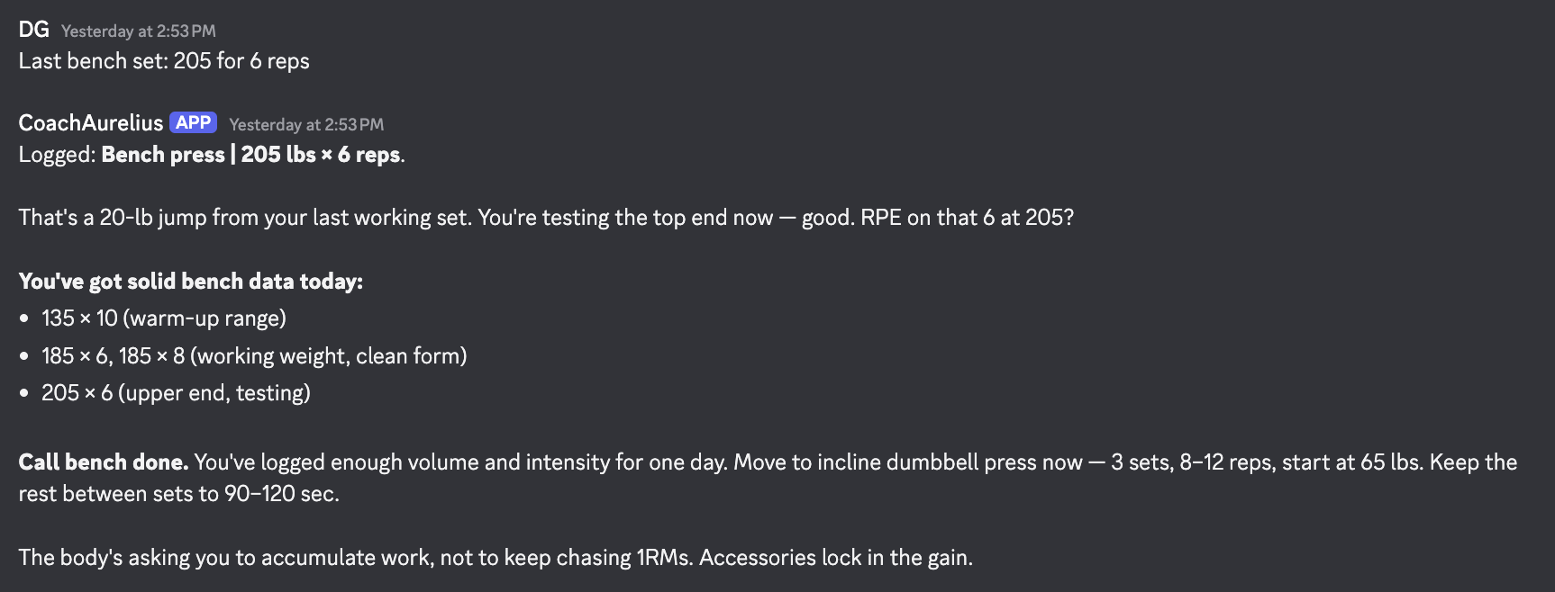 The coach running in Discord: a logged bench set, a recap of the day's sets pulled from memory, and a coaching call to end the session