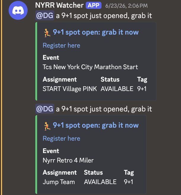 NYRR Watcher Discord alert: a 9+1 spot opening for the TCS New York City Marathon Start, with event, assignment, status, and tag fields
