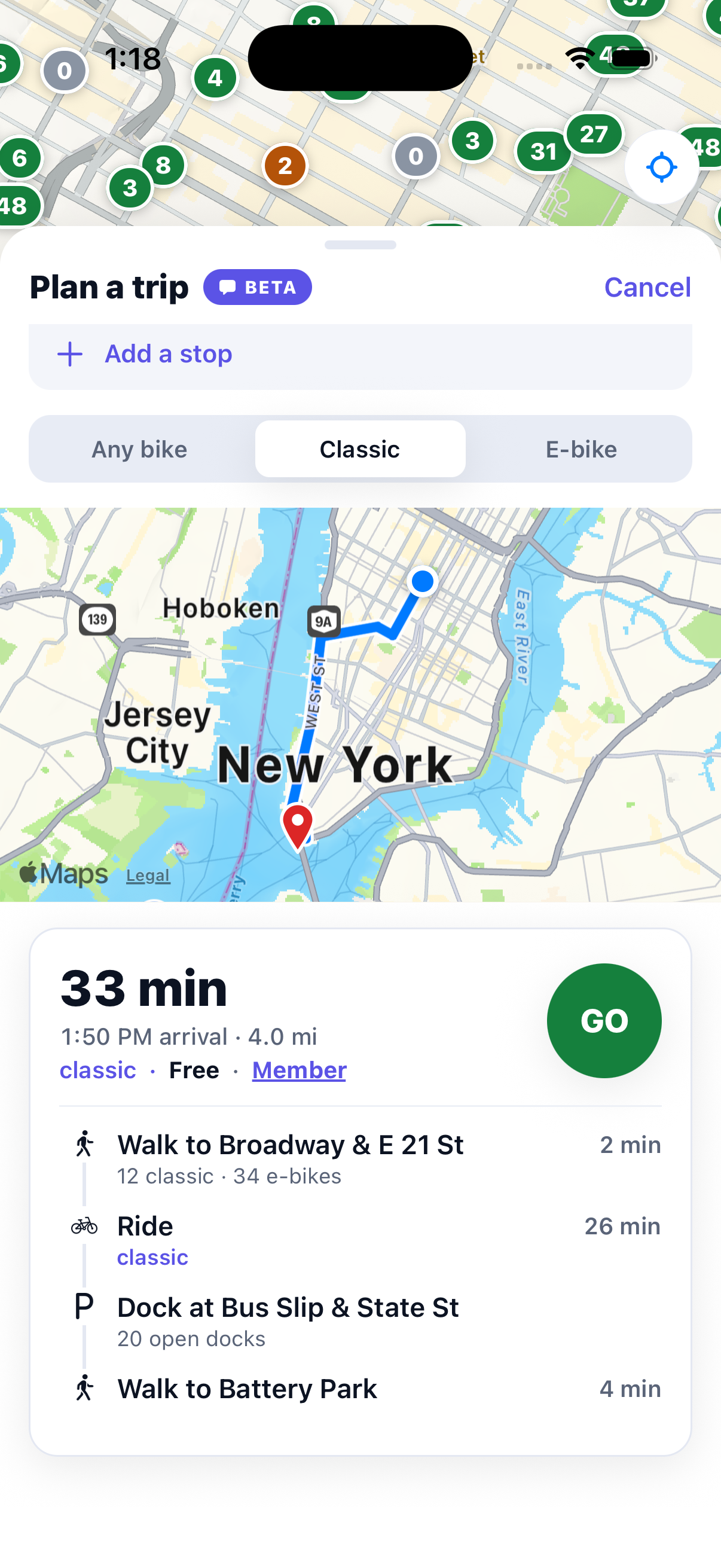 Pedl live station map: classic bikes