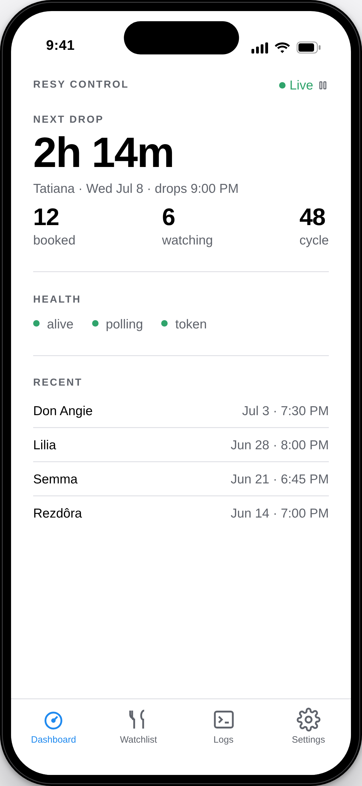 Resy Control dashboard: bot status and poll cycle
