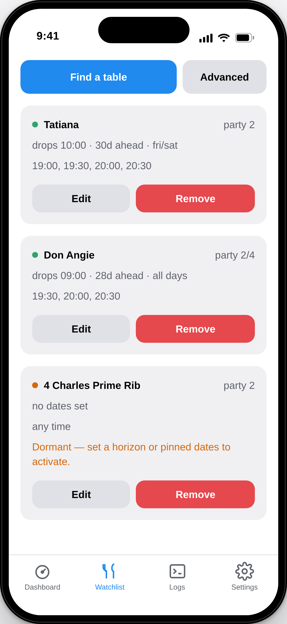 Resy Control watchlist editor